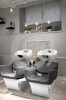 Hair salon interior, modern beauty store after renovation