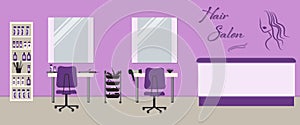 Hair salon interior in a purple color. Beauty salon
