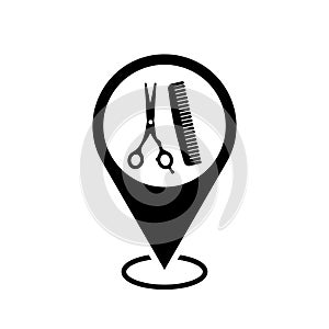 hair salon location map pointer, scissors and comb icon with location pin, black symbol isolated on white background