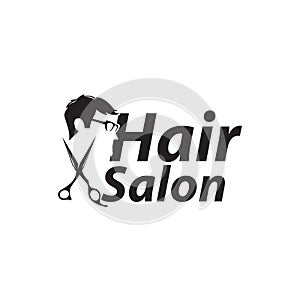 Hair salon logo with man and scissors / vector illustration