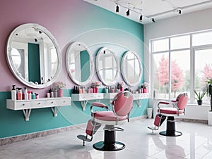 A Hair Salon With Pink Chairs And Mirrors. Generative AI