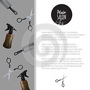 Hair salon poster template. Pattern with scissors, hair spray and cylinder metal hair comp. Banner for barber shop. Professional t