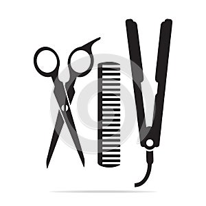 Hair salon with scissors, comb icon, curling iron icon