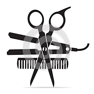 Hair salon with scissors, comb icon, curling iron icon