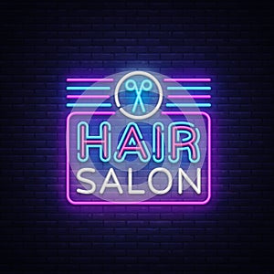 Hair Salon sign vector design template. Hairdress neon logo, light banner design element colorful modern design trend