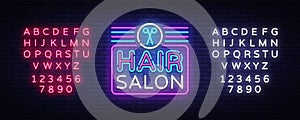 Hair Salon sign vector design template. Hairdress neon logo, light banner design element colorful modern design trend