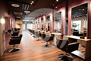 a hair salon with wooden floors and chairs and mirrors