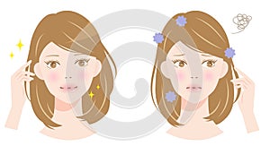 Hair and scalp odor young woman before after illustration. Hair care beauty concept