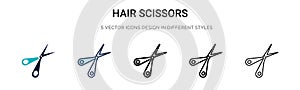 Hair scissors icon in filled, thin line, outline and stroke style. Vector illustration of two colored and black hair scissors