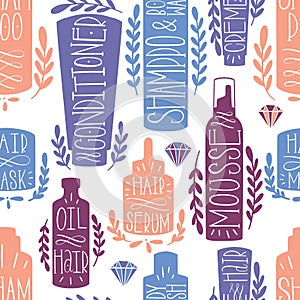 Hair skin bottle seamless pattern hand draw. Shape cosmetic product. Beauty shampoo