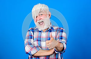 Hair State Of Mind. mature bearded man in white wig. Hairloss concept. health care. happy old granpa. grandfather on