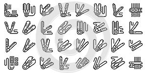 Hair straightener icons set outline vector. Salon iron