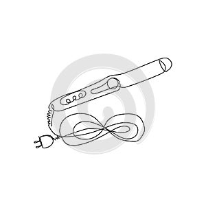 Hair straightener with temperature conditions continuous line drawing. One line art of home appliance, curly hair