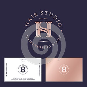 Hair studio logo. H and S in gold letters. H, S illusory monogram.