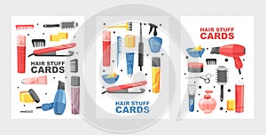 Hair stuff set of cards, posters vector illustrations. Supplies for doing haircut or hairstyle. Dryer, fan, scissors