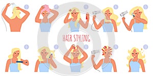 Hair styling steps, flat vector illustration. Washing, toweling, applying mousse, drying, curling. Hair care routine.