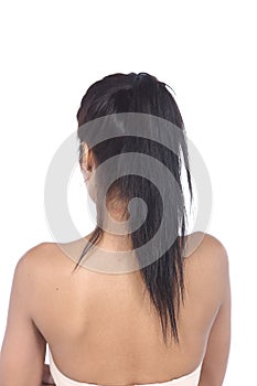 Hair Styling turn back View, Asian Woman before make up. no retouch, fresh face with acne