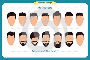Hair styling vector illustration isolated on white background.Men`s haircut and hairstyle.Front, side.