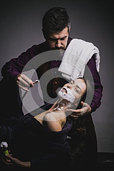 Hair Stylist and Barber. Woman and man playing domination games. Razor blade. Ideas about Barbershop and Barber salon