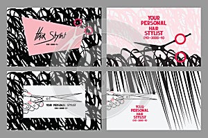 Hair stylist business cards with abstract hair and scissors