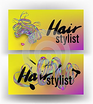 Hair stylist business cards with abstract multicolor hair and tools.