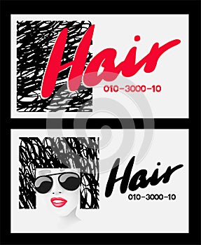 Hair stylist business cards with the head of a young woman with doodle hair.