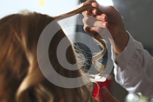 Hair stylist holding client`s curl