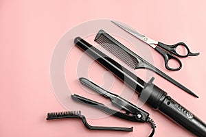 hair stylist tools. scissors, brush, comb. curling iron,