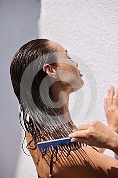 Hair Treatment. Woman With Mask On Wet Hair Closeup