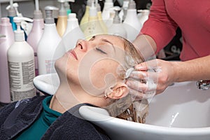 Hair washing at a hairdressing salon