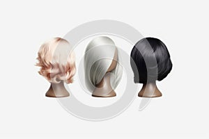 Hair wig over the plastic mannequin head isolated over the white background, mockup featuring contemporary women