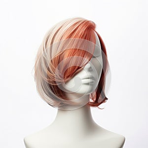 Hair wig over the plastic mannequin head isolated over the white background, mockup featuring contemporary women hairstyles,