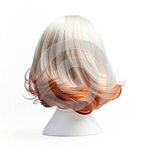 Hair wig over the plastic mannequin head isolated over the white background, mockup featuring contemporary women hairstyles,