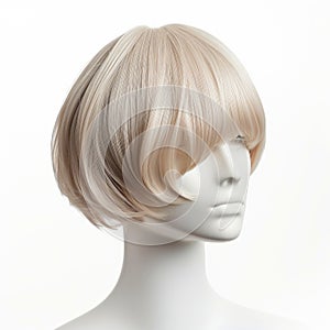 Hair wig over the plastic mannequin head isolated over the white background, mockup featuring contemporary women hairstyles,