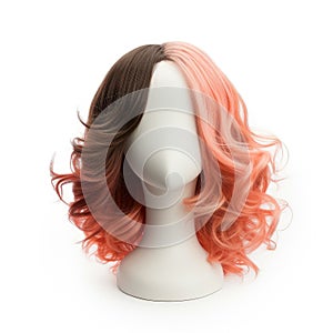 Hair wig over the plastic mannequin head isolated over the white background, mockup featuring contemporary women hairstyles,