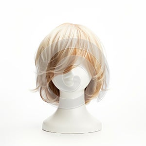 Hair wig over the plastic mannequin head isolated over the white background, mockup featuring contemporary women hairstyles,