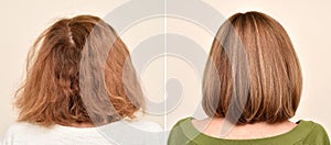 Hair of a woman before and after treatment
