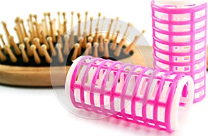 Hairbrush and hair-rollers