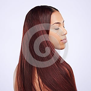 Haircare, beauty and profile of woman with healthy hairstyle, luxury salon treatment and color on white background. Hair