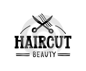 Haircut Beauty - Hand drawn logo for hair and beauty salon with scissors and hair symbols.