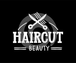 Haircut Beauty - Hand drawn logo for hair and beauty salon with scissors and hair symbols.