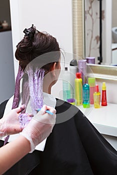 Hairdresser applying color female customer at salon, doing hair dye