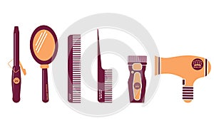 Hairdresser and barber shop flat icon set. Beauty salon. Comb, mirror, scissors, curling iron, clipper design symbol on a white