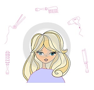 Hairdresser -  beautiful feminine card, set for styling hair