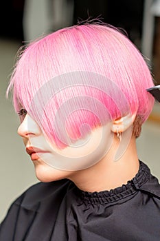 A hairdresser is combing the dyed pink short hair of the female client in a hairdresser salon.