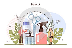Hairdresser concept. Idea of hair care in salon. Scissors and brush, shampoo