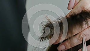 Hairdresser cuts hair close-up