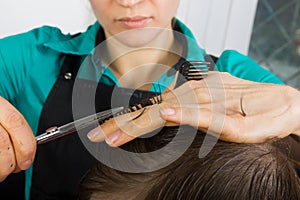 Hairdresser cuts hair with scissors on crown of. handsome satisfied client in professional hairdressing salon