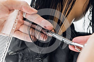 Hairdresser cutting client`s hair in salon with scissors closeup. Using a comb