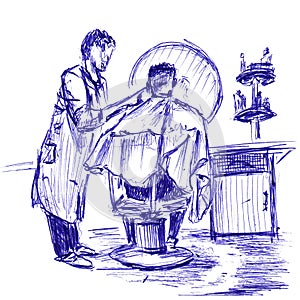 Hairdresser cutting patient's hair in front of a mirror. Hand drawn sketch with ballpoint pen on paper texture